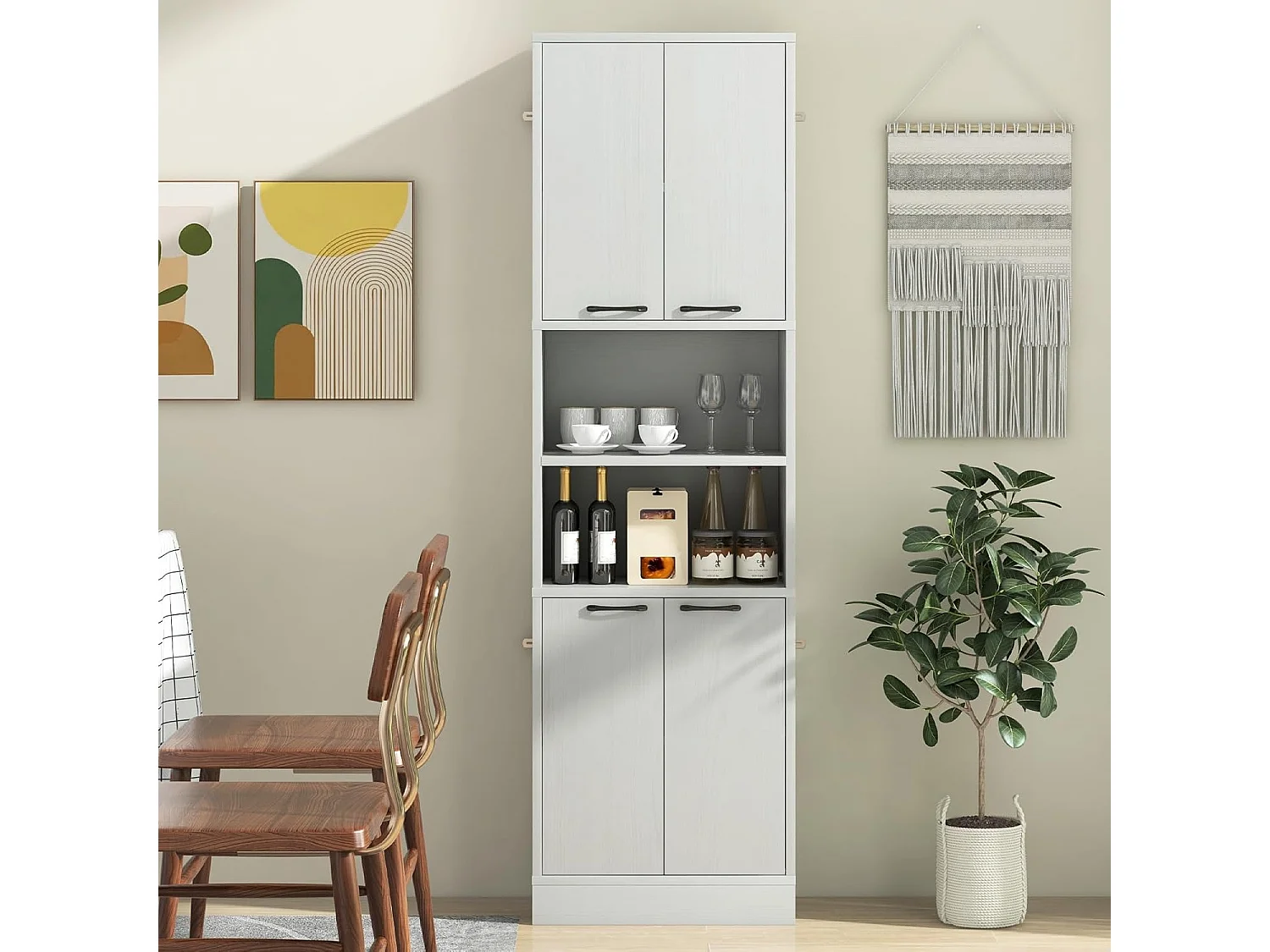 Buffet Cuisine Haut 190 cm, Meuble Cuisine Rangement, 2 Placard Rangement, 2 Doubles Portes, 6 Etagères, Kits Anti-Basculement, Vaisselier, Armoire Rangement pour Salle de Bain (Blanc chêne)
