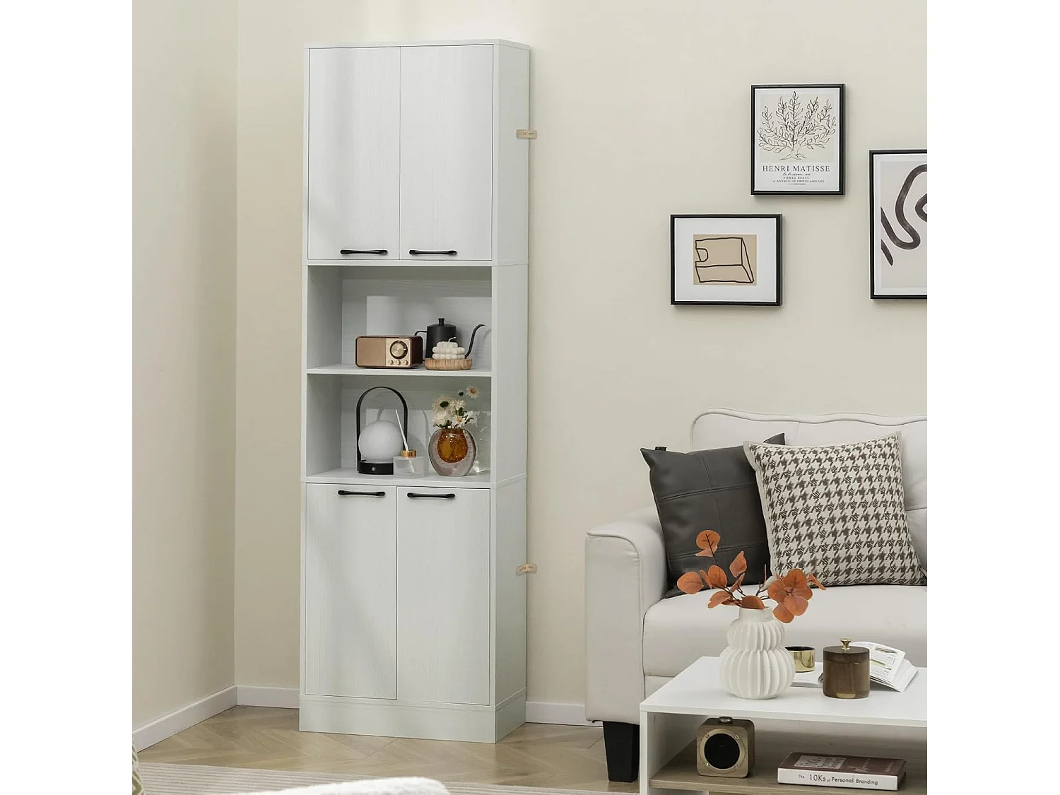 Buffet Cuisine Haut 190 cm, Meuble Cuisine Rangement, 2 Placard Rangement, 2 Doubles Portes, 6 Etagères, Kits Anti-Basculement, Vaisselier, Armoire Rangement pour Salle de Bain (Blanc chêne)