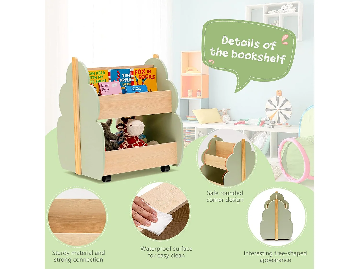 Étagère de rangement enfants ave forme de feuilles, 2 niveaux avec roues universelles