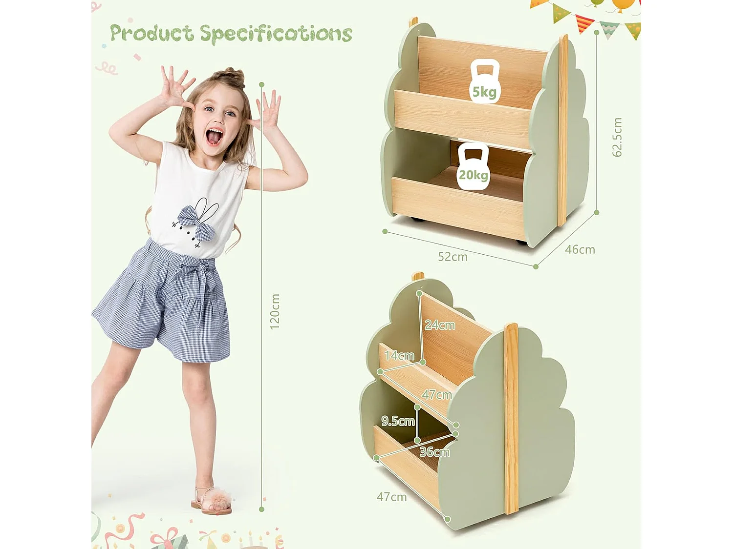 Étagère de rangement enfants ave forme de feuilles, 2 niveaux avec roues universelles