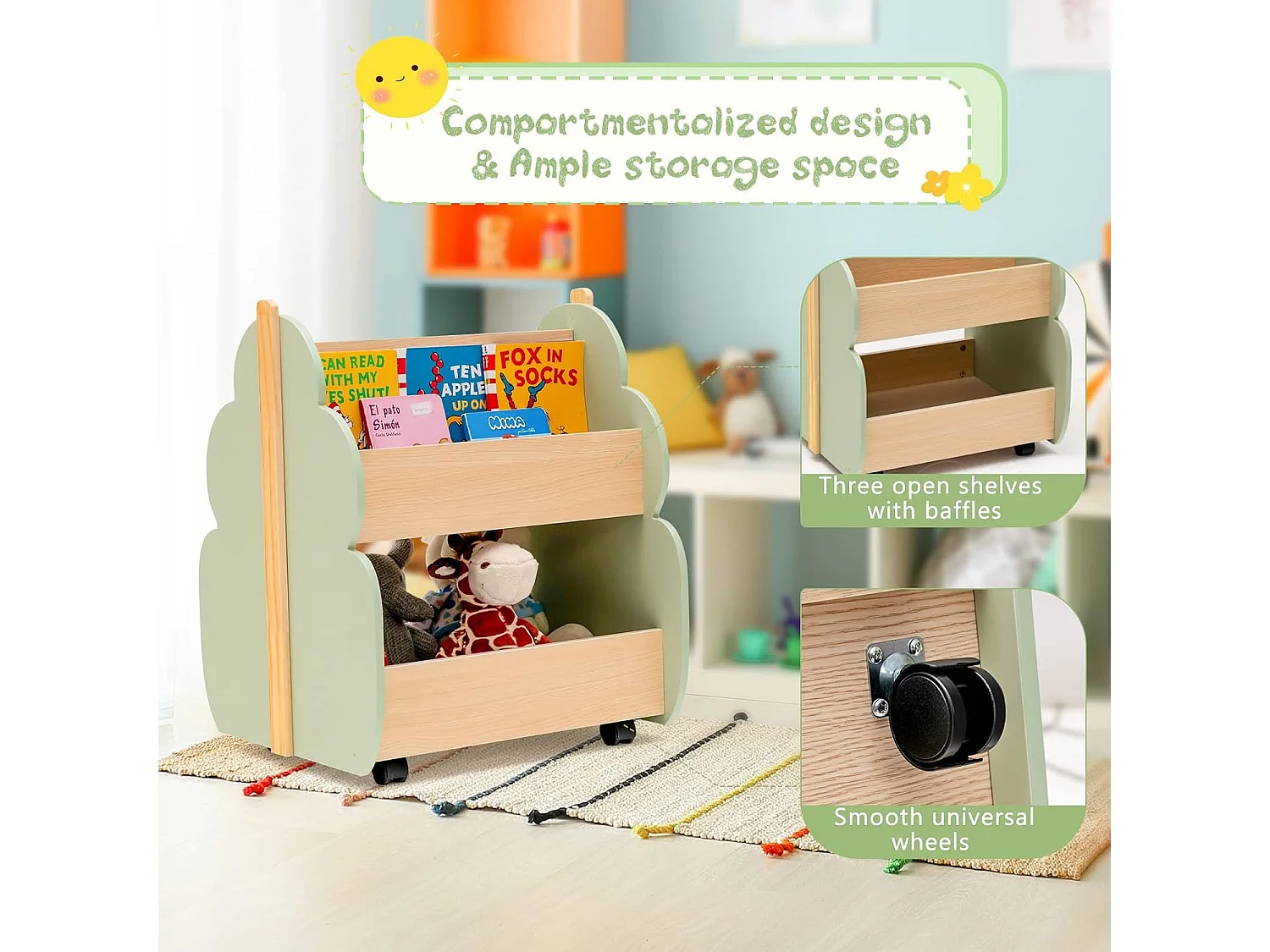 Étagère de rangement enfants ave forme de feuilles, 2 niveaux avec roues universelles