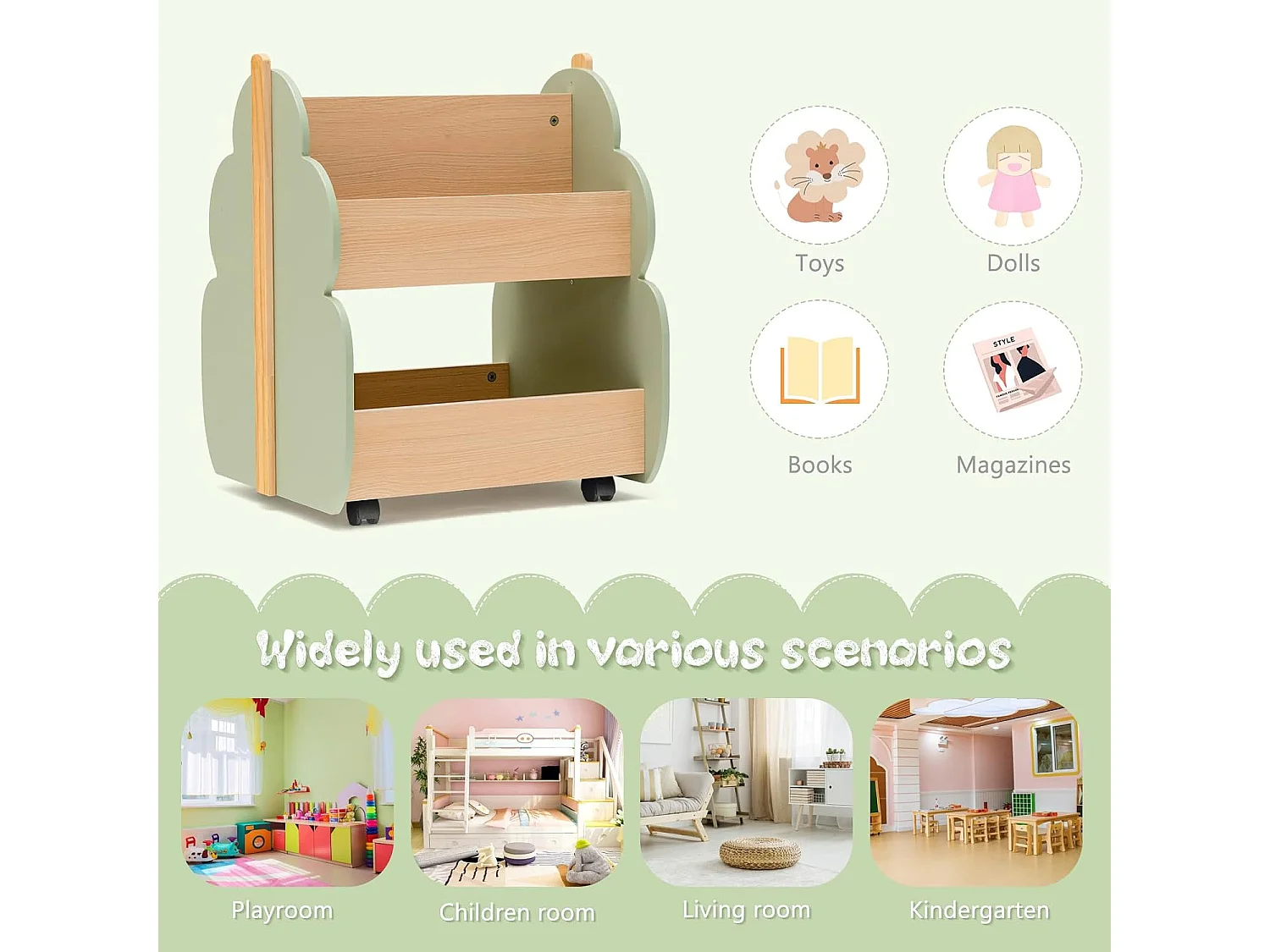 Étagère de rangement enfants ave forme de feuilles, 2 niveaux avec roues universelles