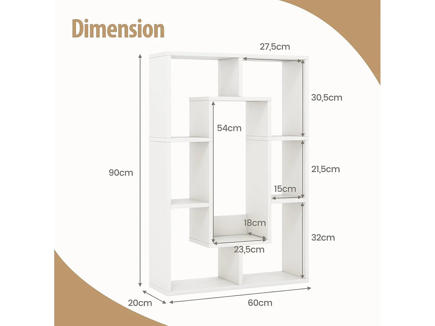 Bibliothèque, étagère à 7 compartiments ouvertes,  20 x 60 x 90 cm (blanc)