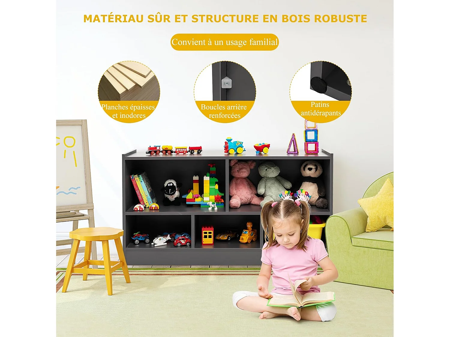 Bibliothèque enfants en bois avec 5 compartiments, 111 x 30 x 61,5 cm,charge 20kg