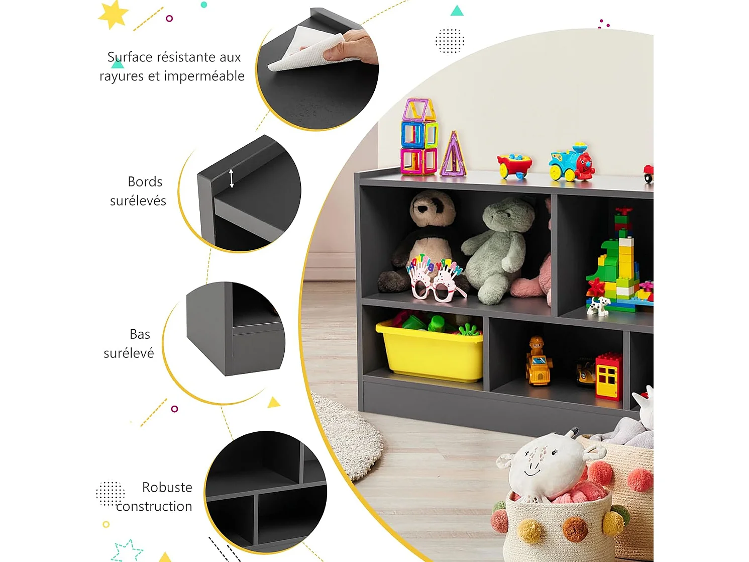 Bibliothèque enfants en bois avec 5 compartiments, 111 x 30 x 61,5 cm,charge 20kg