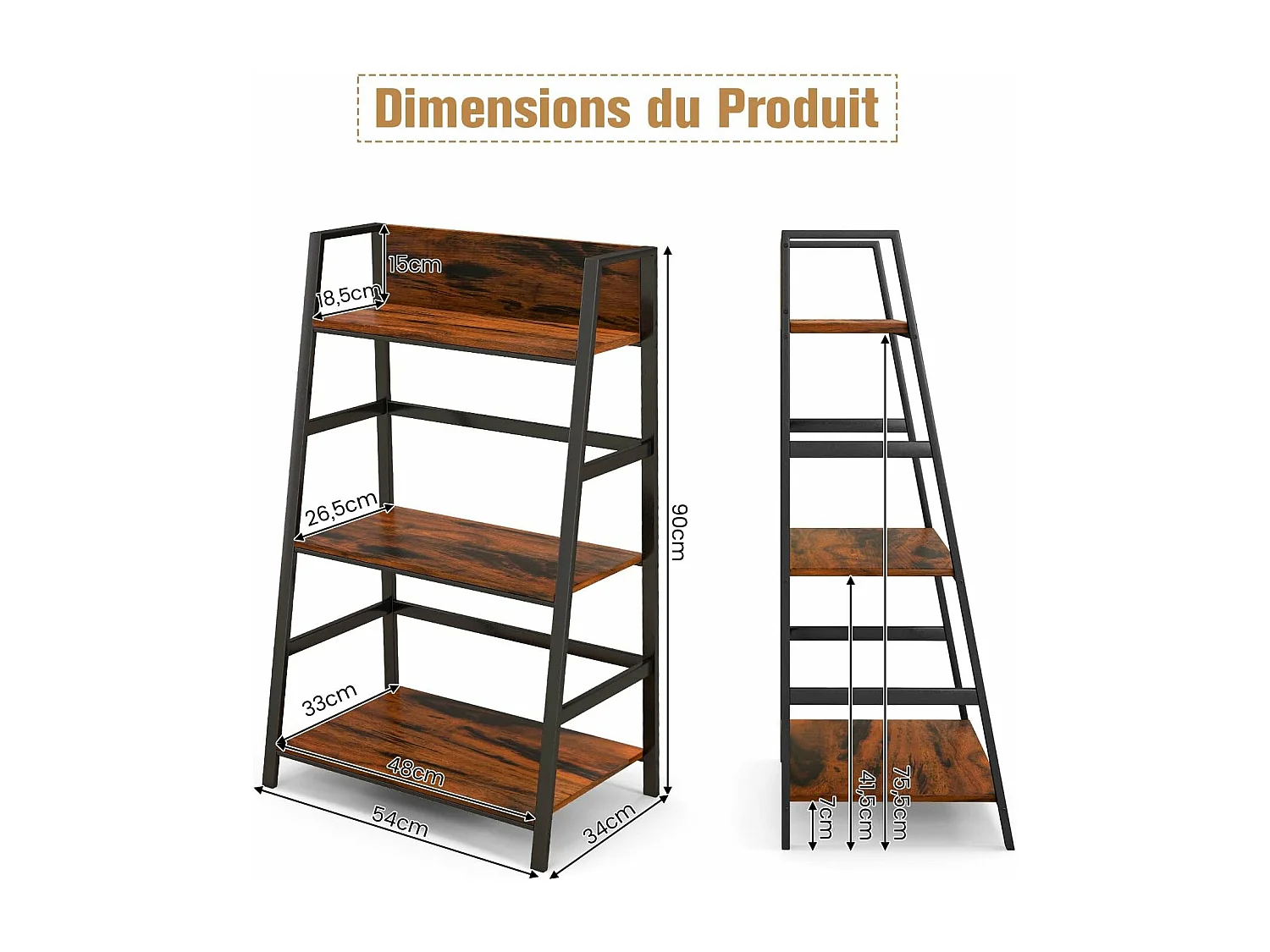 Lot de 2 bibliothèque industrielle à 3 niveaux 54x34x90cm, etagère en bois polyvalente