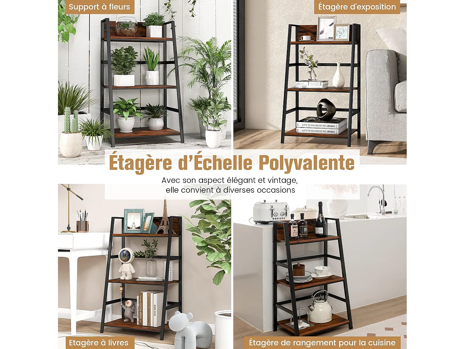 Lot de 2 bibliothèque industrielle à 3 niveaux 54x34x90cm, etagère en bois polyvalente