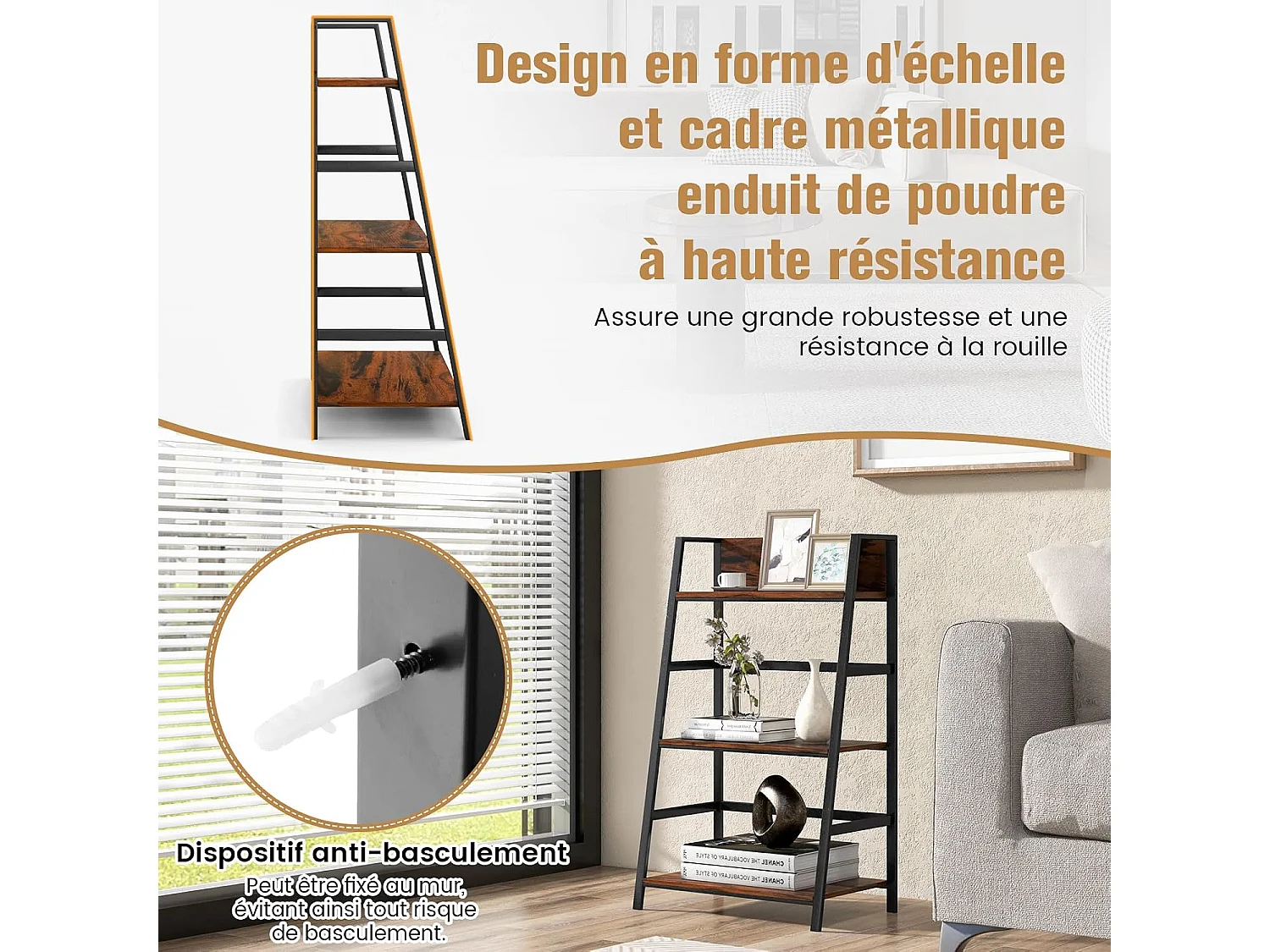 Lot de 2 bibliothèque industrielle à 3 niveaux 54x34x90cm, etagère en bois polyvalente