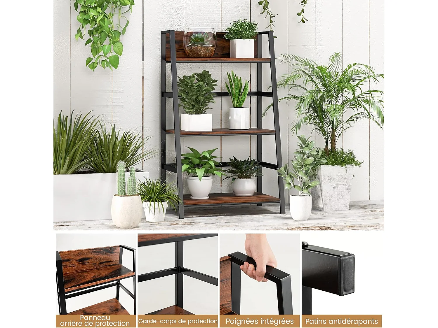 Lot de 2 bibliothèque industrielle à 3 niveaux 54x34x90cm, etagère en bois polyvalente