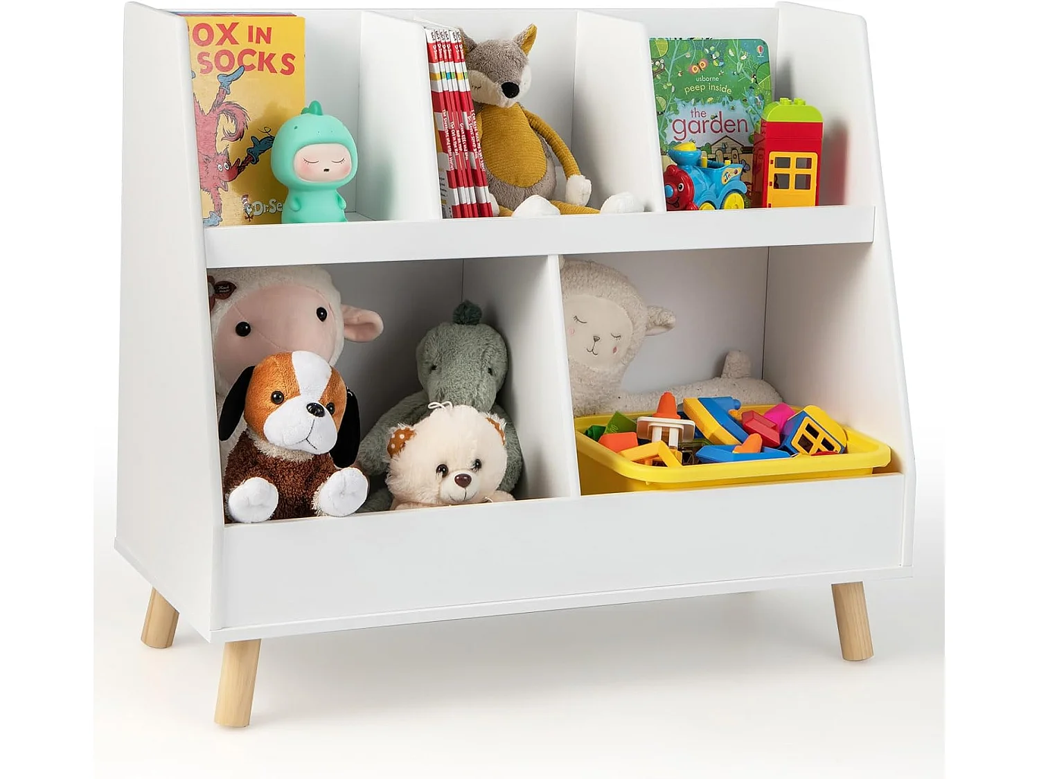 Bibliothèque enfant à 2 niveaux avec 5 cubes, étagère à livres en bois, 80x35x71 cm