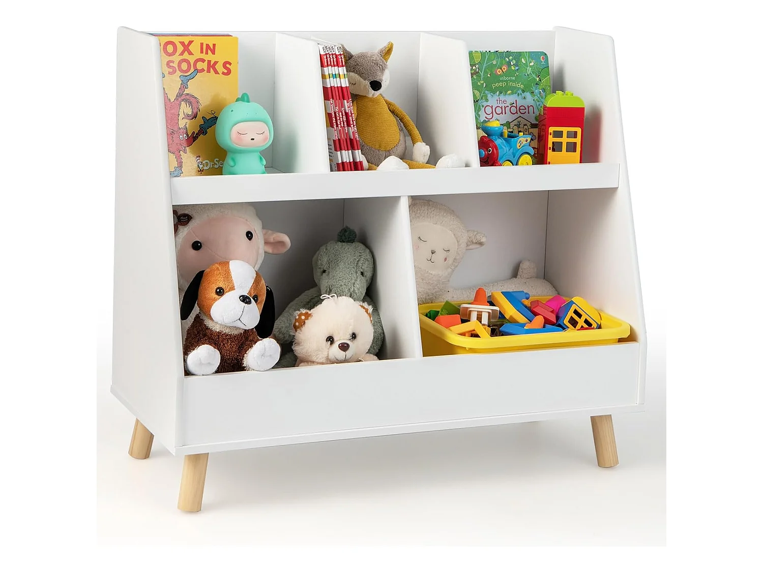 Bibliothèque enfant à 2 niveaux avec 5 cubes, étagère à livres en bois, 80x35x71 cm