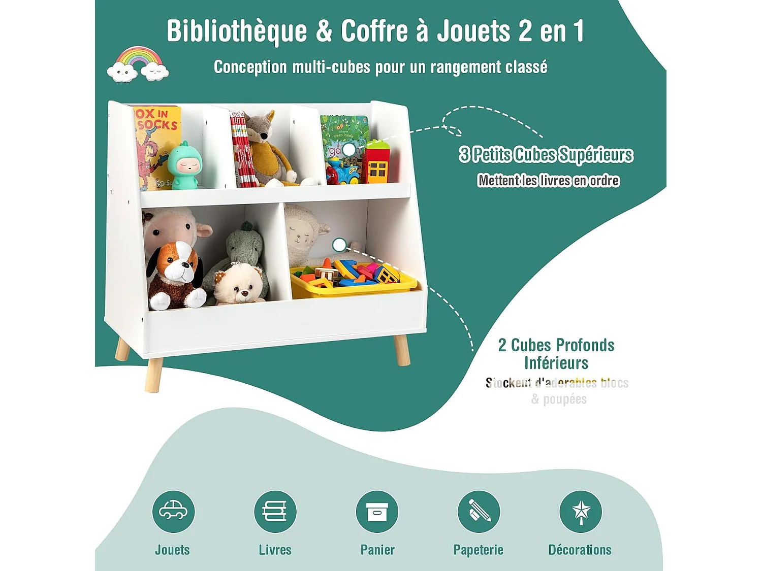 Bibliothèque enfant à 2 niveaux avec 5 cubes, étagère à livres en bois, 80x35x71 cm