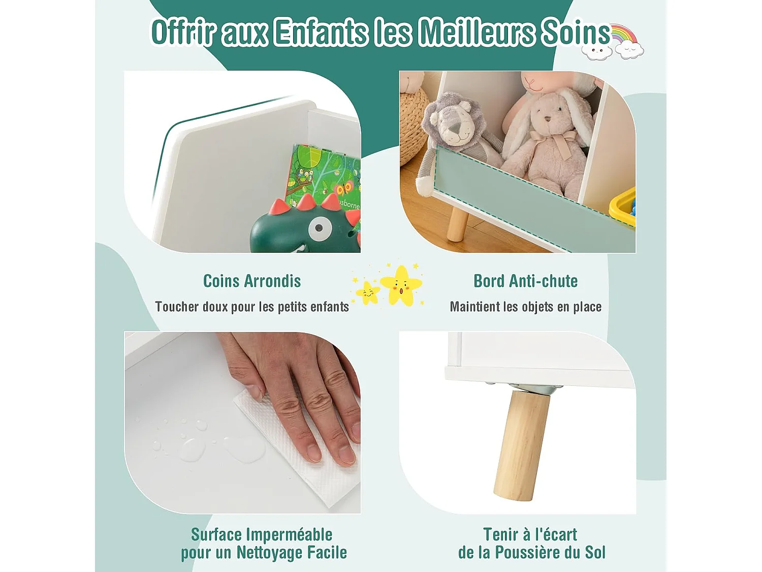 Bibliothèque enfant à 2 niveaux avec 5 cubes, étagère à livres en bois, 80x35x71 cm