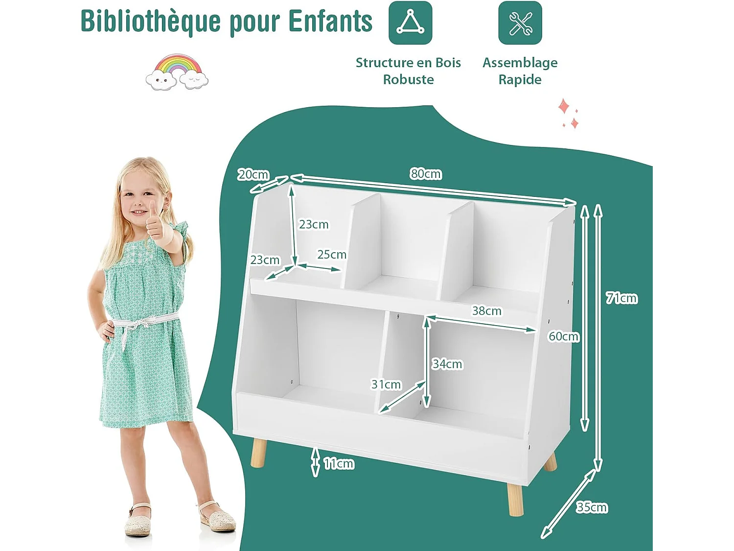 Bibliothèque enfant à 2 niveaux avec 5 cubes, étagère à livres en bois, 80x35x71 cm