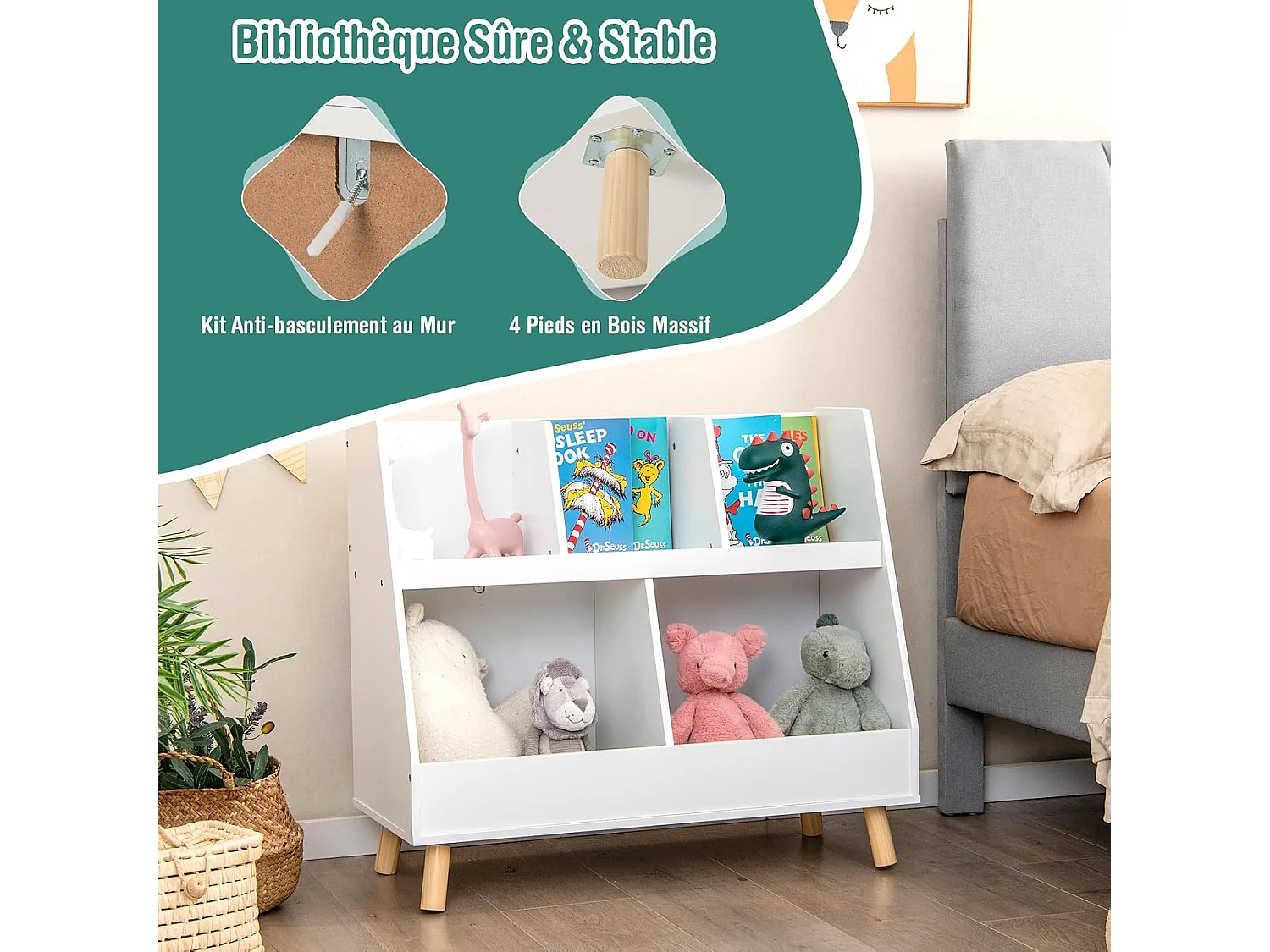 Bibliothèque enfant à 2 niveaux avec 5 cubes, étagère à livres en bois, 80x35x71 cm