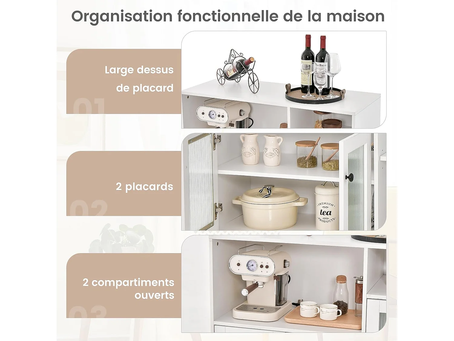 Meuble de rangement, placard 3 portes, 2 etagères, 100 x 39,5 x 100 cm (blanc)