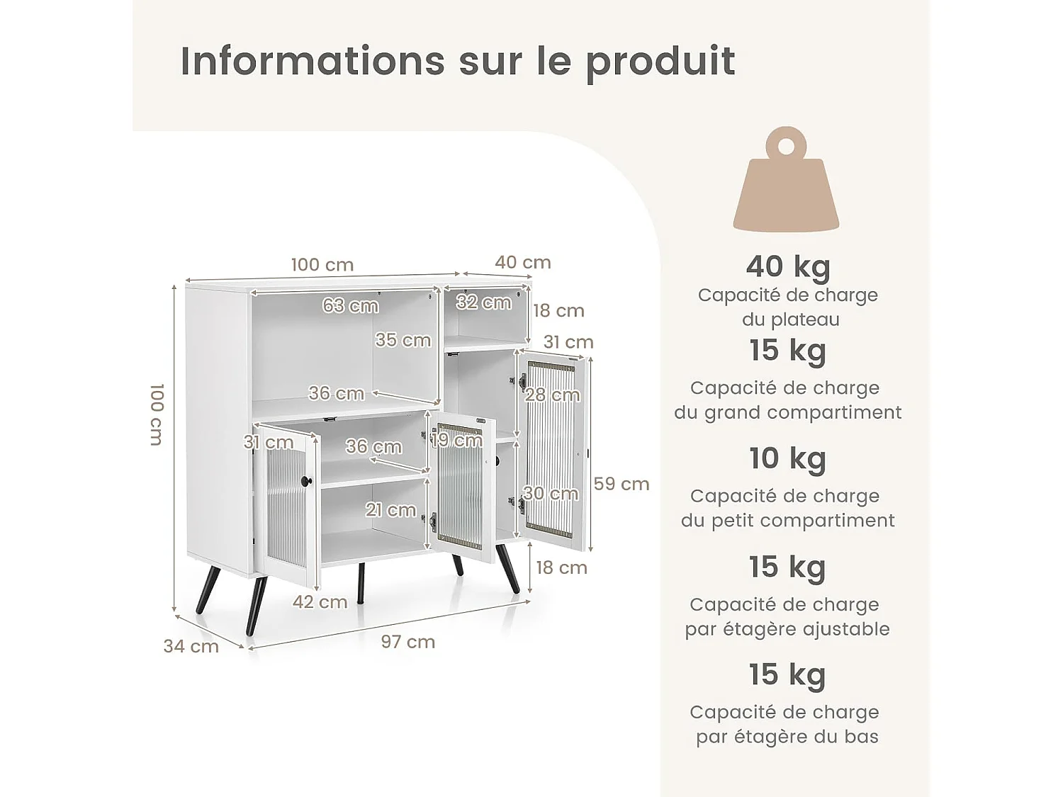 Meuble de rangement, placard 3 portes, 2 etagères, 100 x 39,5 x 100 cm (blanc)