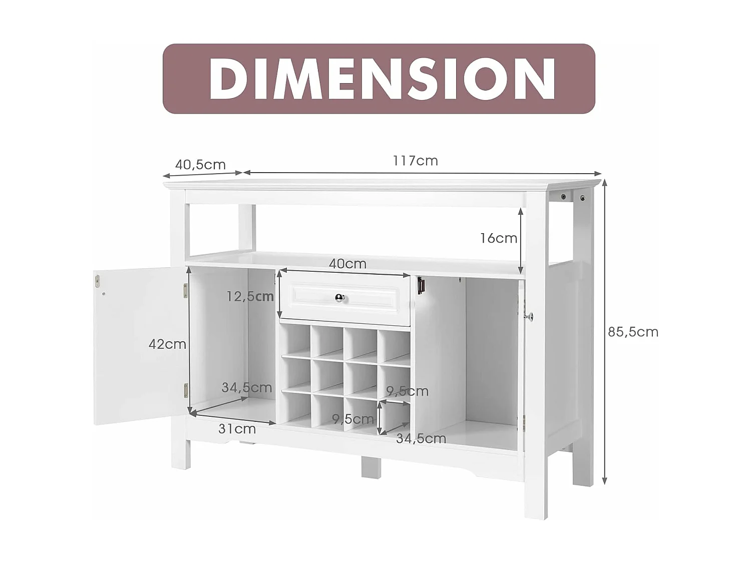 Buffet de cuisine,casier à vin, etagères,tiroir et armoires, 117 x 40,5 x 82,5 cm blanc