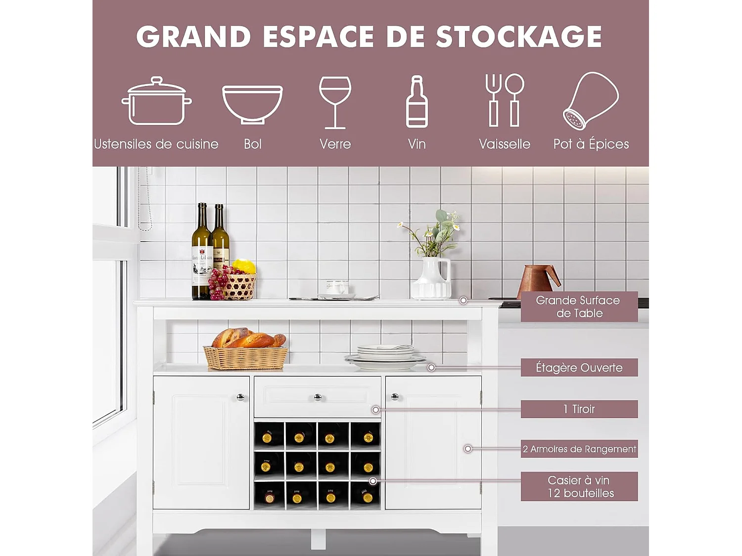 Buffet de cuisine,casier à vin, etagères,tiroir et armoires, 117 x 40,5 x 82,5 cm blanc