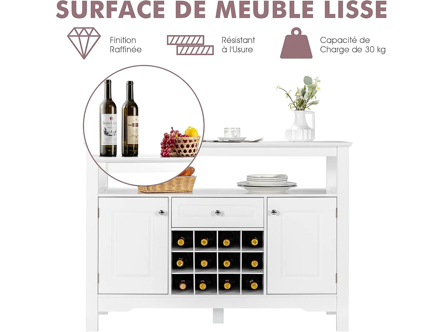 Buffet de cuisine,casier à vin, etagères,tiroir et armoires, 117 x 40,5 x 82,5 cm blanc