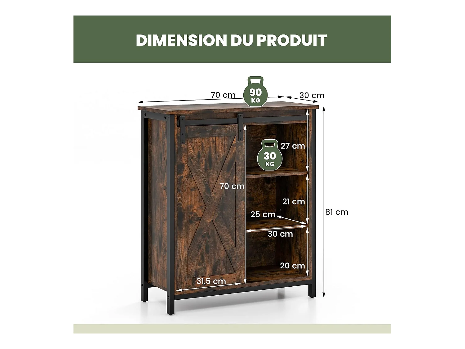 Buffet cuisine, armoire de rangement cuisine avec porte coulissante, 70 x 30 x 81 cm
