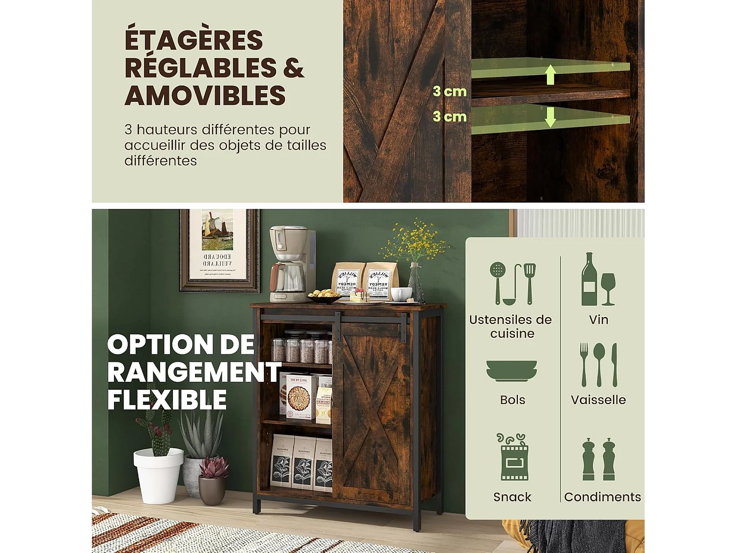 Buffet cuisine, armoire de rangement cuisine avec porte coulissante, 70 x 30 x 81 cm