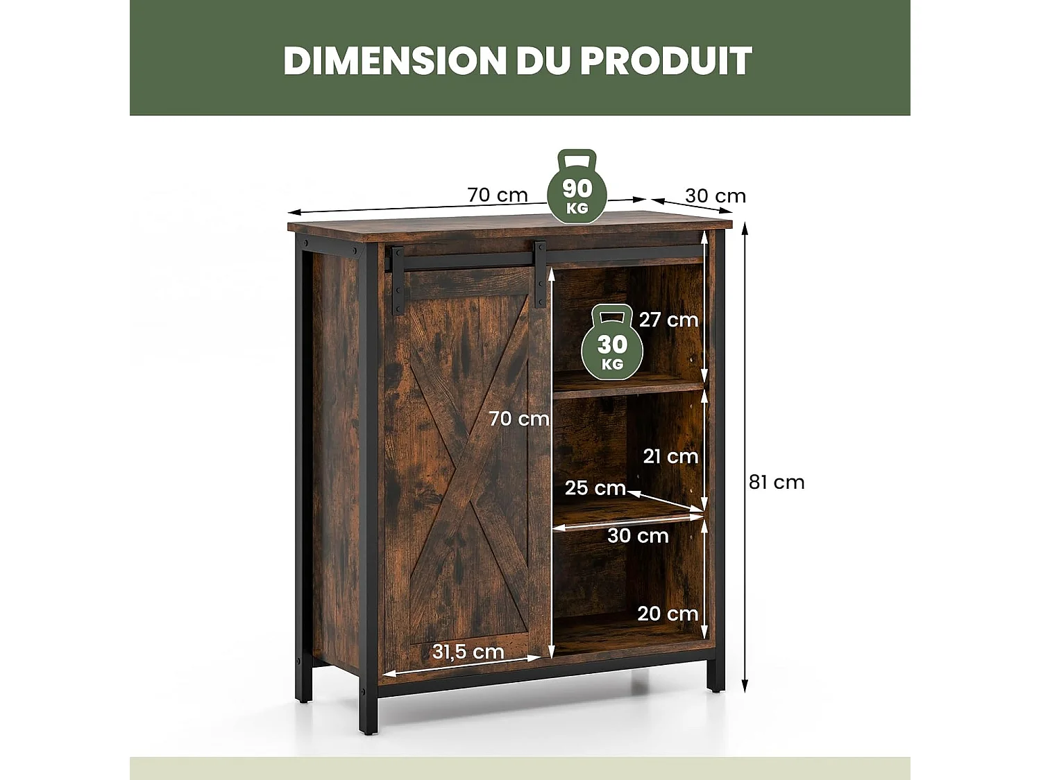 Buffet cuisine, armoire de rangement cuisine avec porte coulissante, 70 x 30 x 81 cm