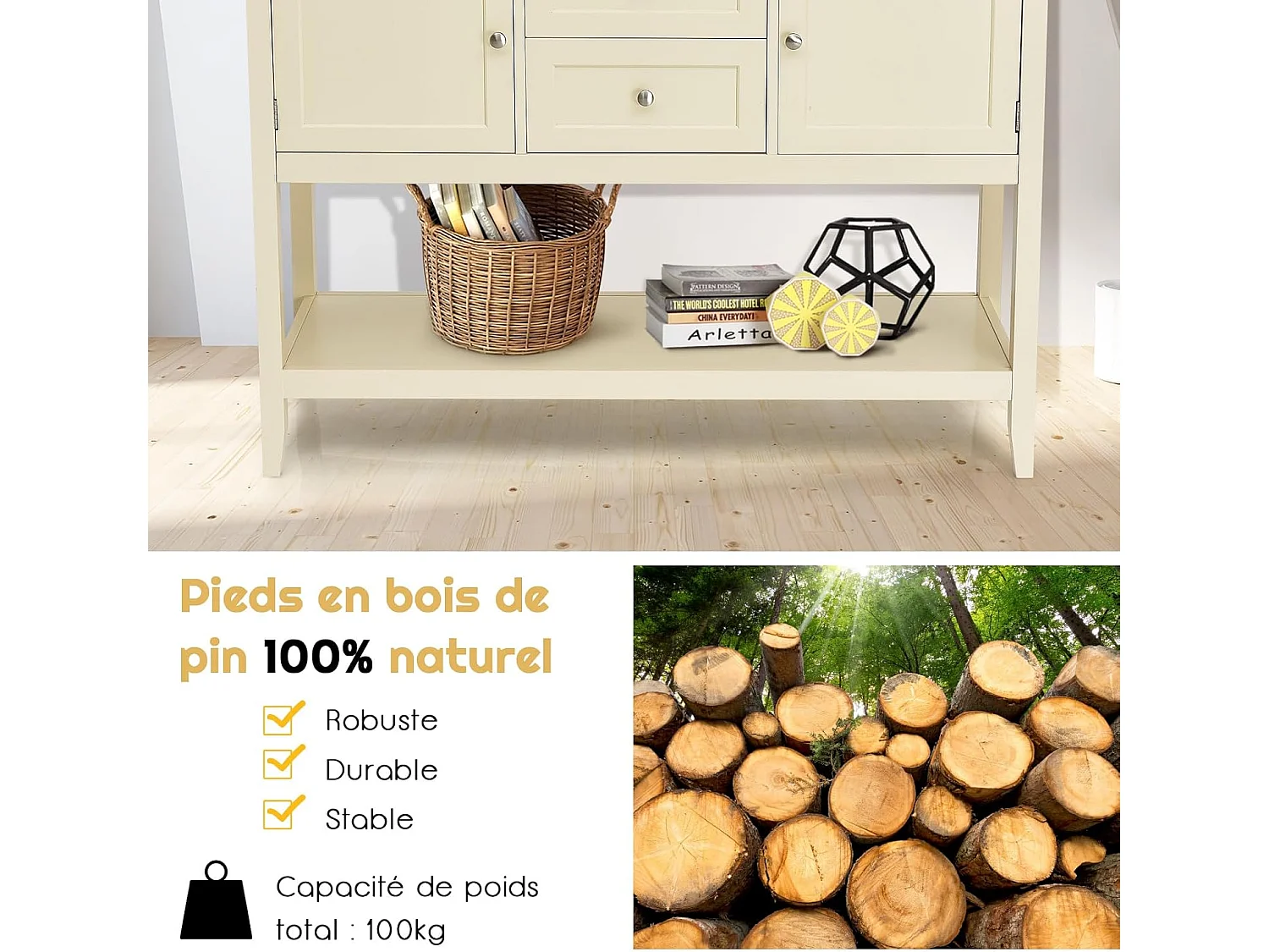 Buffet cuisine, 2 armoires à portes, 2 tiroirs, étagère de rangement, 117 x 38 x 86,5 cm