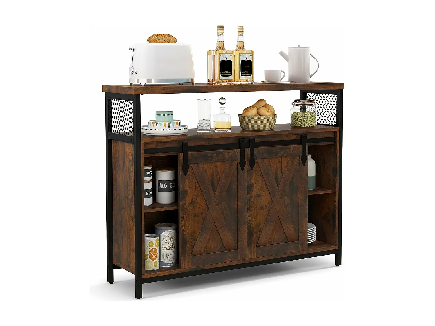 Buffet cuisine, avec 2 portes grange coulissante, 100x33x80 cm, 6 compartiments