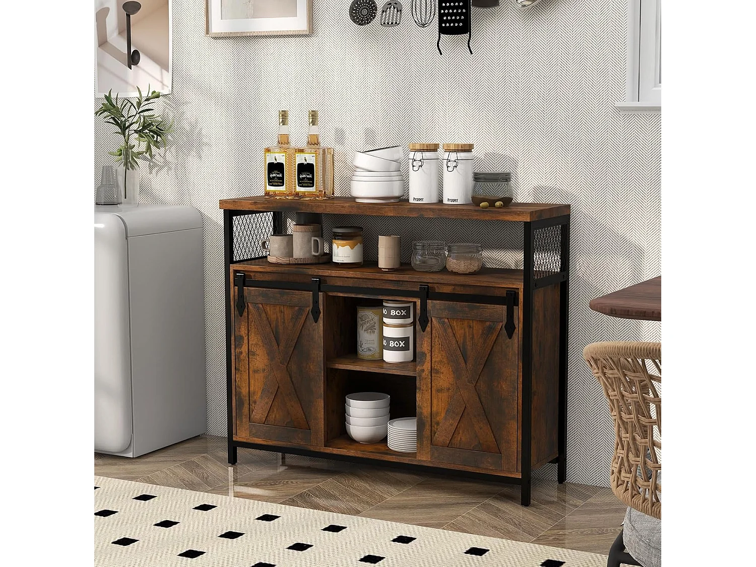 Buffet cuisine, avec 2 portes grange coulissante, 100x33x80 cm, 6 compartiments