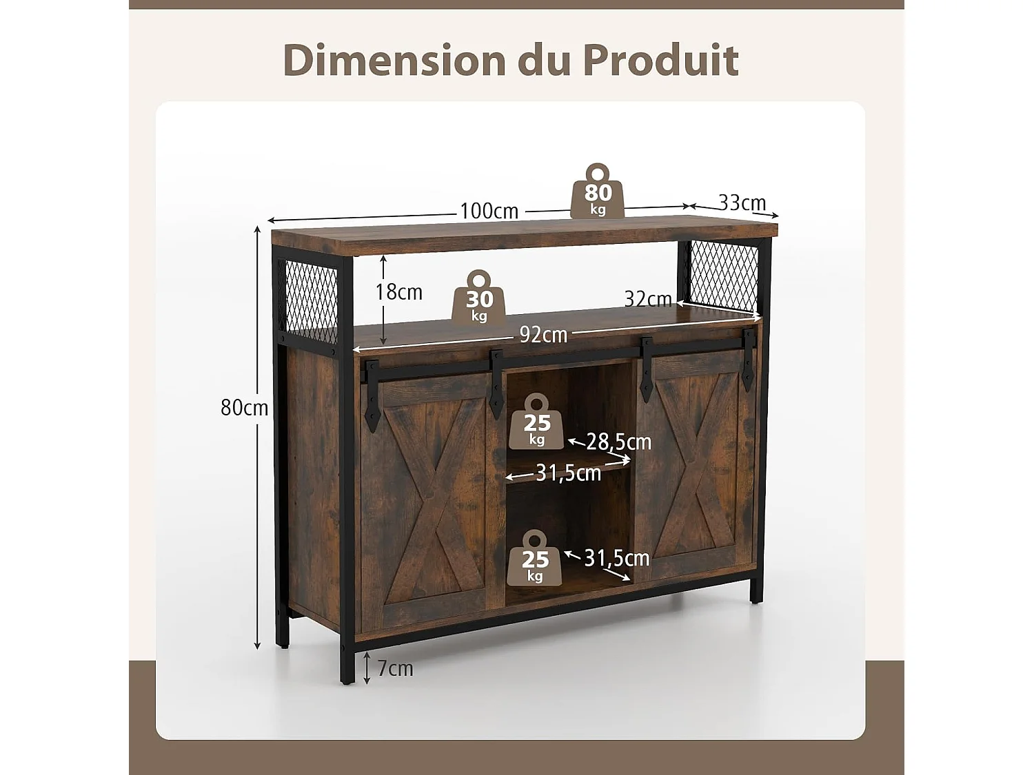 Buffet cuisine, avec 2 portes grange coulissante, 100x33x80 cm, 6 compartiments