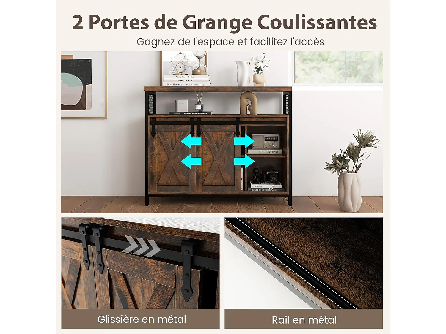 Buffet cuisine, avec 2 portes grange coulissante, 100x33x80 cm, 6 compartiments
