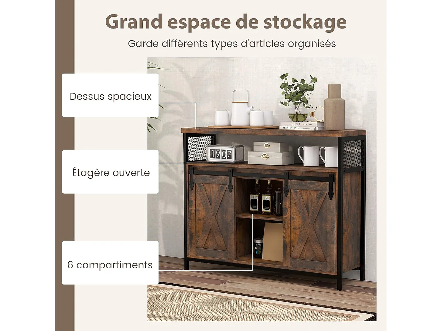 Buffet cuisine, avec 2 portes grange coulissante, 100x33x80 cm, 6 compartiments