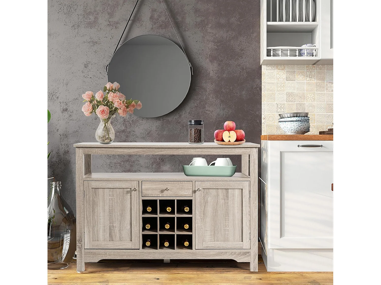 Buffet cuisine, avec casier à vin, 2 etagères, 2 placards, 1 tiroir, 116 x 40 x 80,5 cm