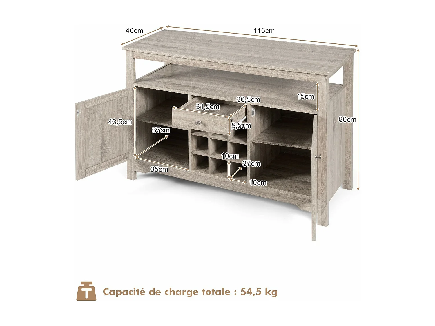 Buffet cuisine, avec casier à vin, 2 etagères, 2 placards, 1 tiroir, 116 x 40 x 80,5 cm