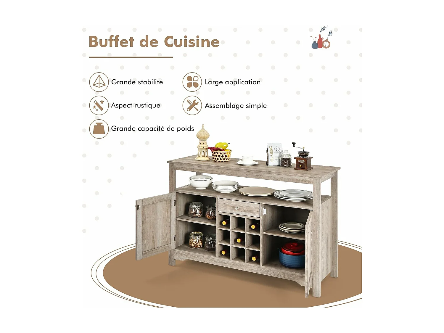Buffet cuisine, avec casier à vin, 2 etagères, 2 placards, 1 tiroir, 116 x 40 x 80,5 cm