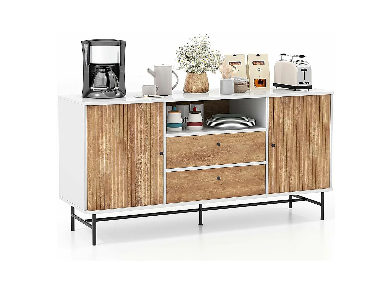 Buffet cuisine, 2 tiroirs, 2 portes coulissantes, 1 passe-câble,150 x 45 x 74 cm