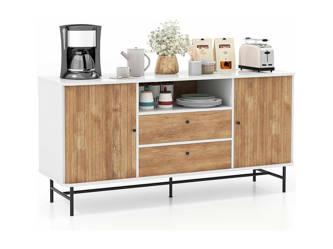 vente unique Buffet cuisine 2 tiroirs 2 portes coulissantes 1 passe-câble 150 x 45 x 74 cm