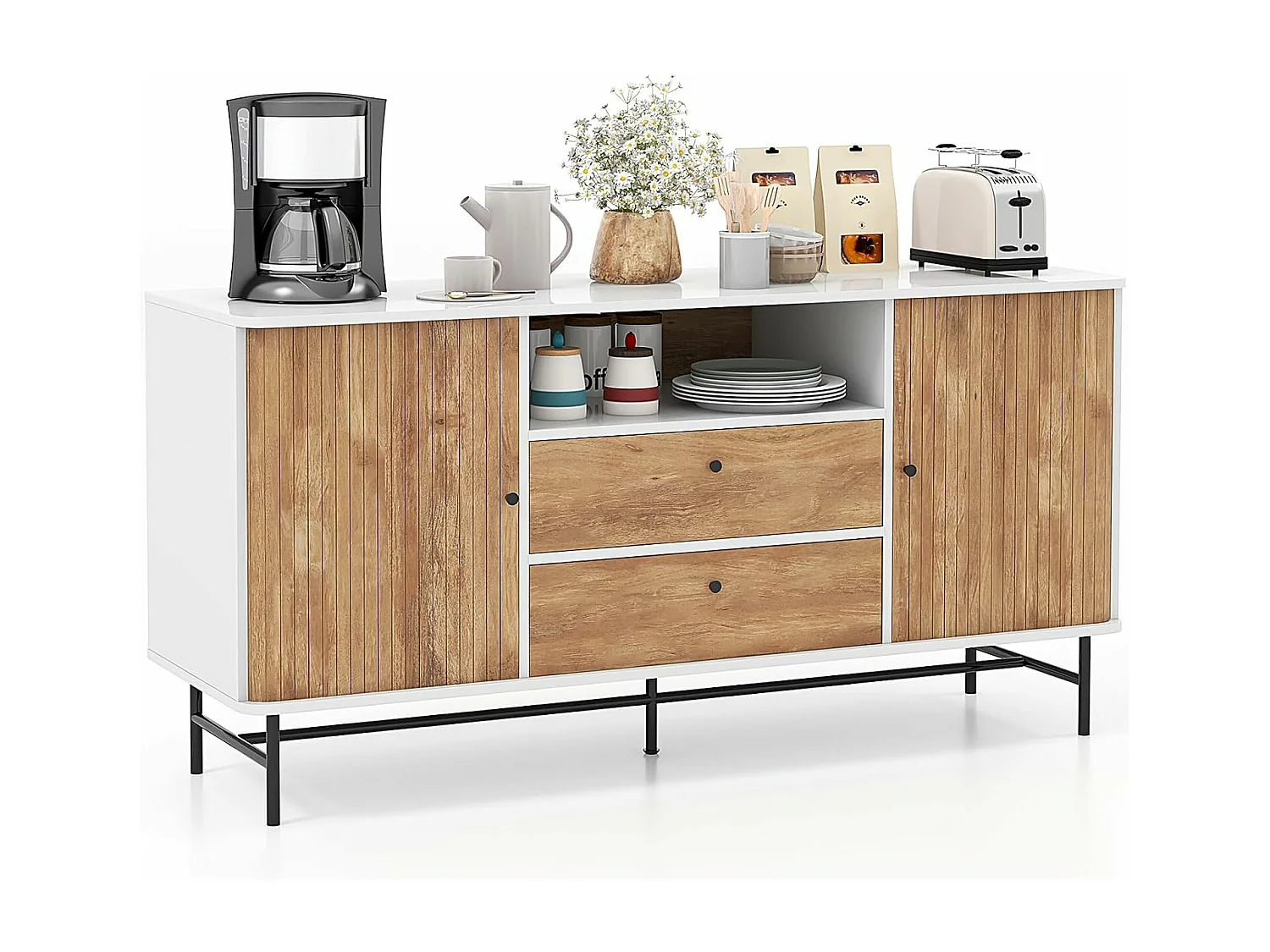 Buffet cuisine, 2 tiroirs, 2 portes coulissantes, 1 passe-câble,150 x 45 x 74 cm