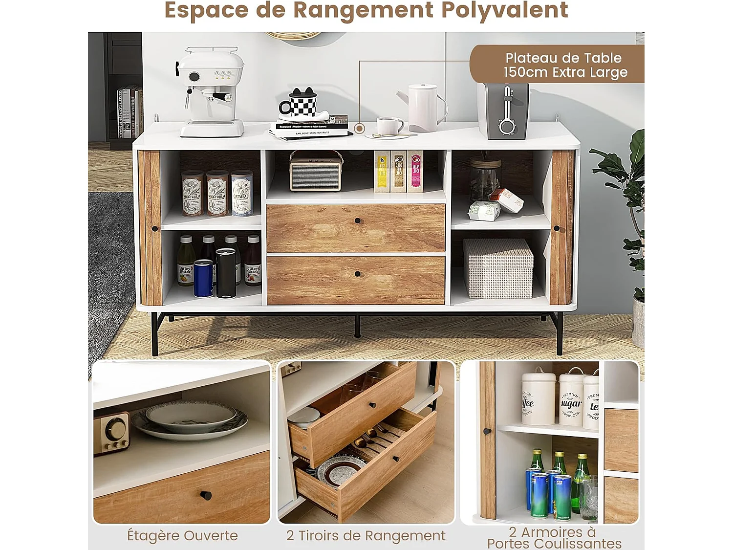 Buffet cuisine, 2 tiroirs, 2 portes coulissantes, 1 passe-câble,150 x 45 x 74 cm