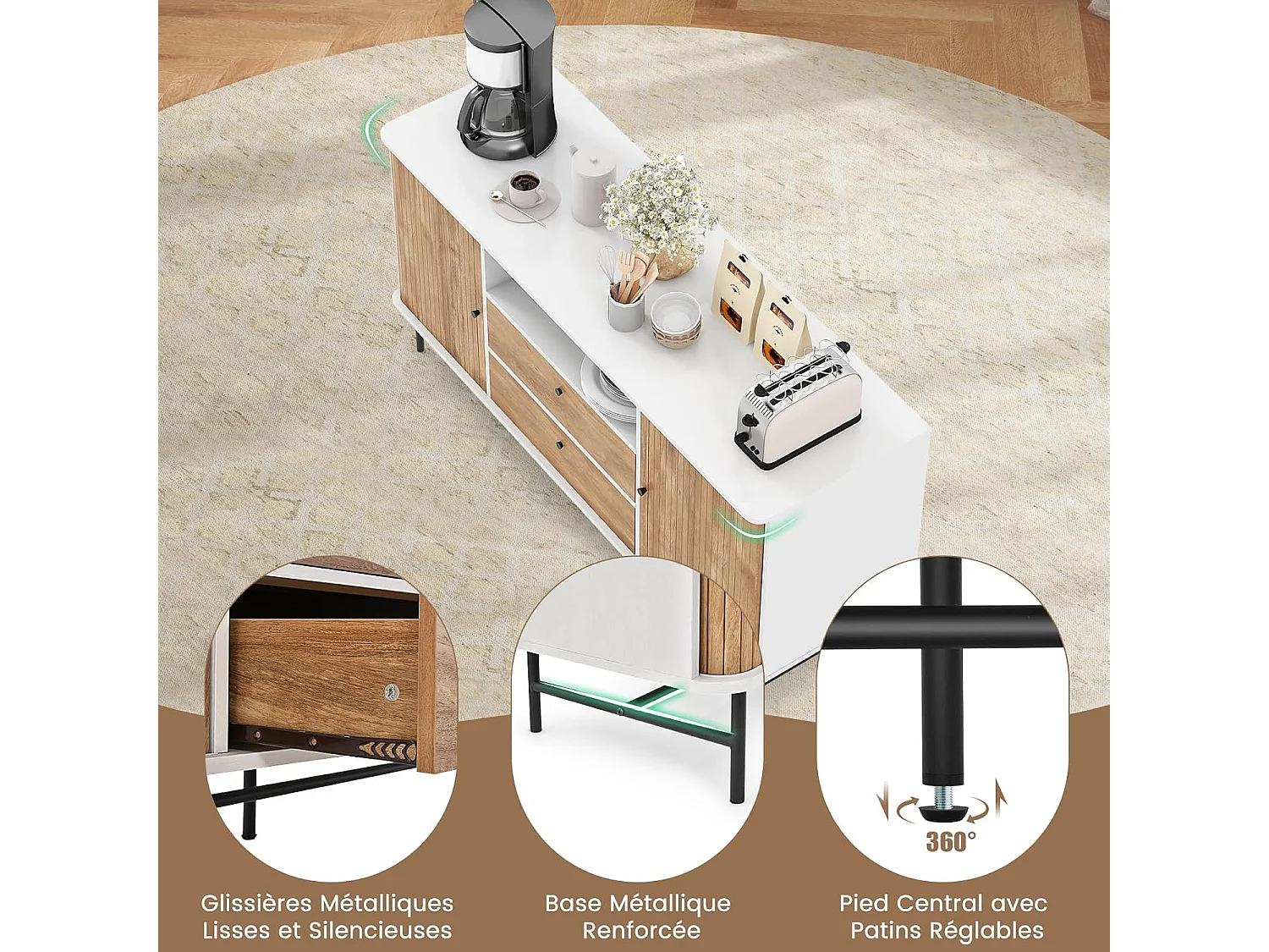 Buffet cuisine, 2 tiroirs, 2 portes coulissantes, 1 passe-câble,150 x 45 x 74 cm