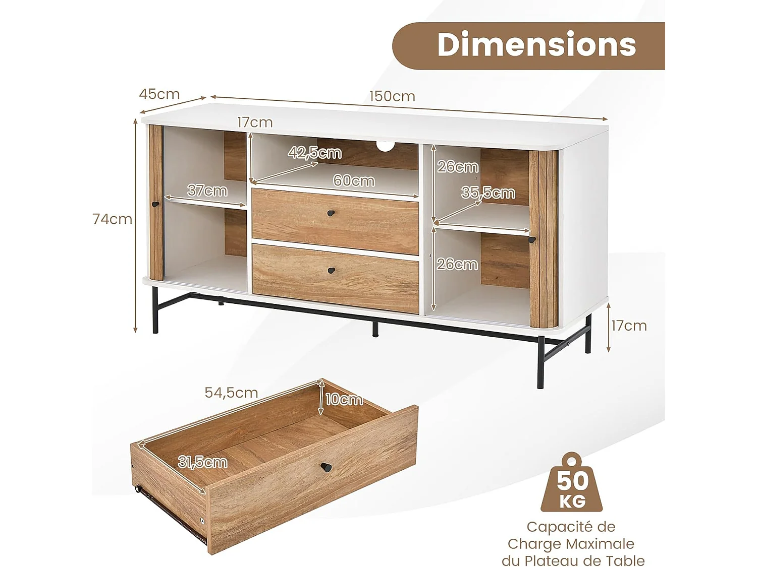 Buffet cuisine, 2 tiroirs, 2 portes coulissantes, 1 passe-câble,150 x 45 x 74 cm