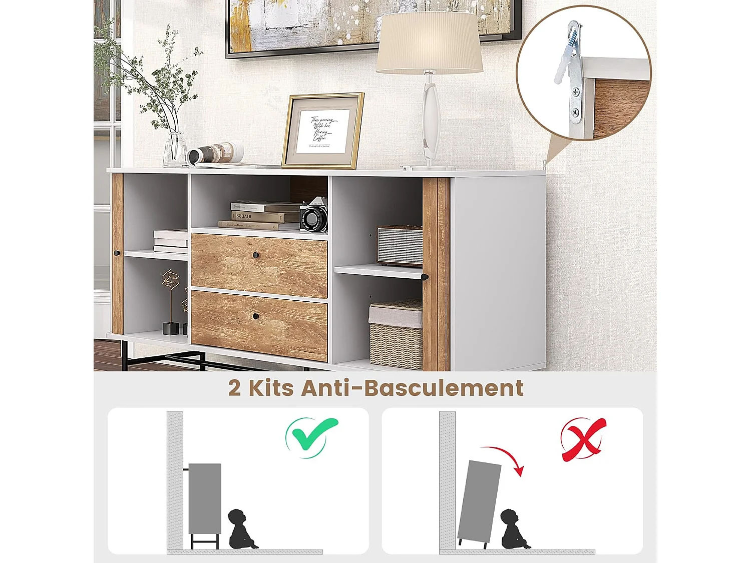 Buffet cuisine, 2 tiroirs, 2 portes coulissantes, 1 passe-câble,150 x 45 x 74 cm