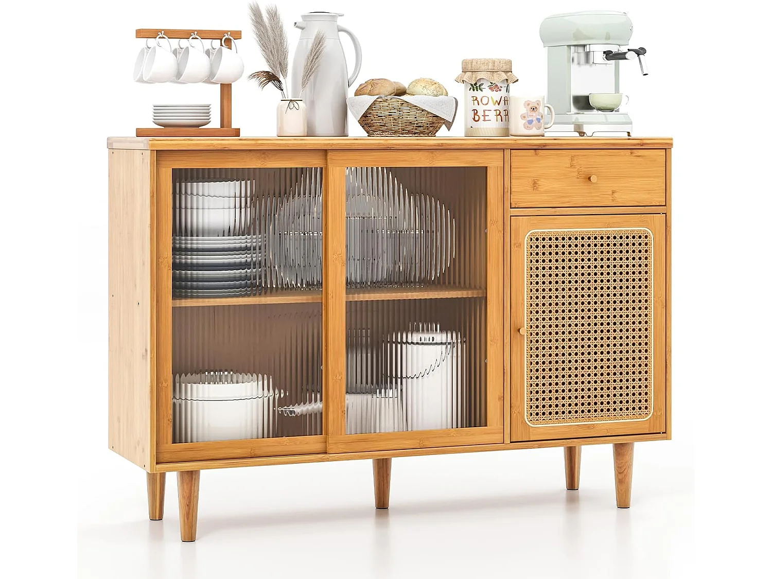 Buffet cuisine en bambou, portes coulissantes en verre trempé, placard à porte cannage