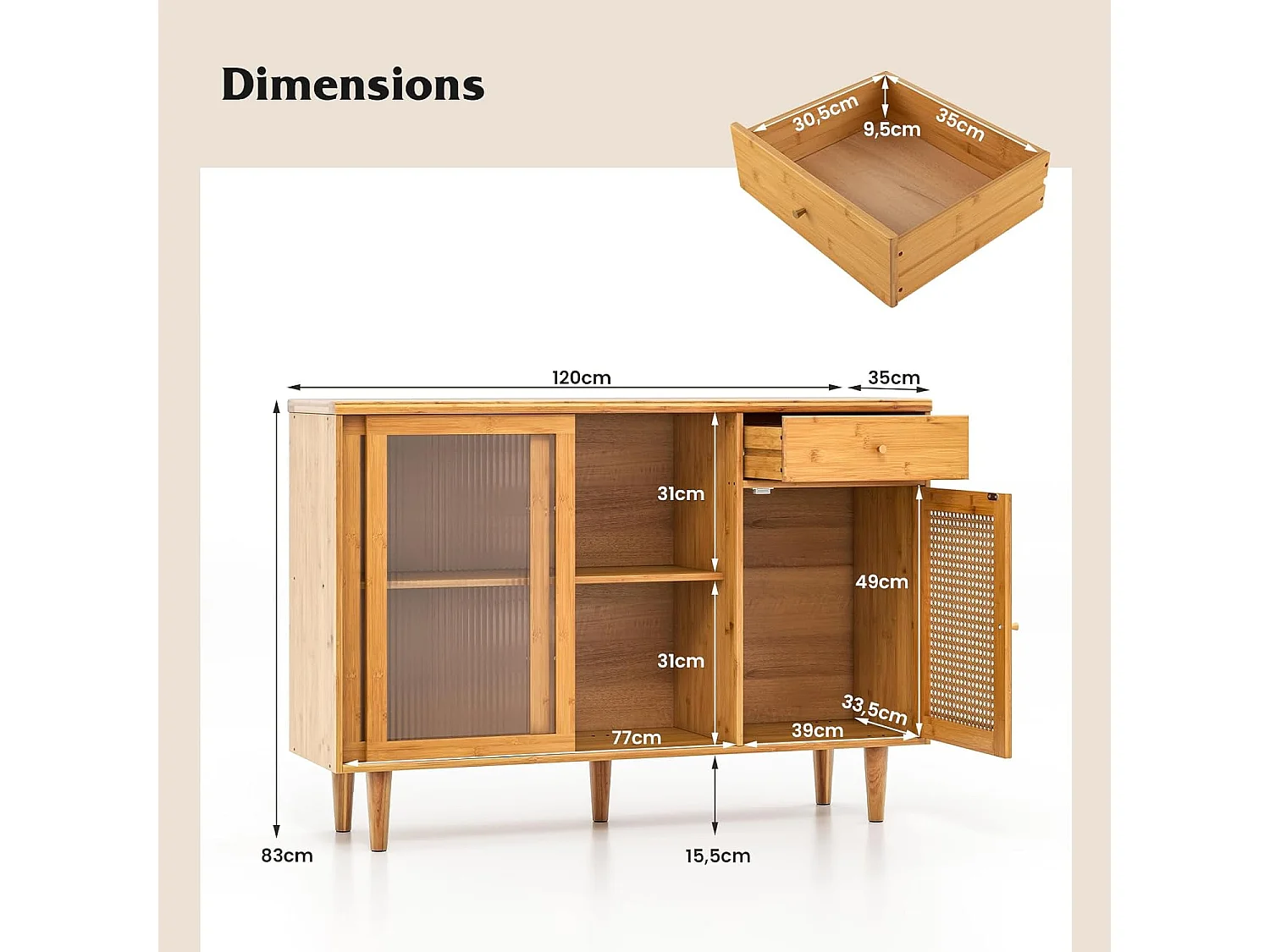 Buffet cuisine en bambou, portes coulissantes en verre trempé, placard à porte cannage