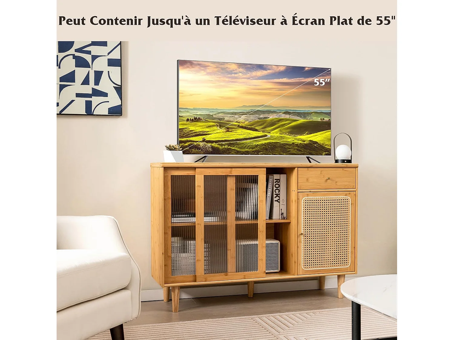 Buffet cuisine en bambou, portes coulissantes en verre trempé, placard à porte cannage