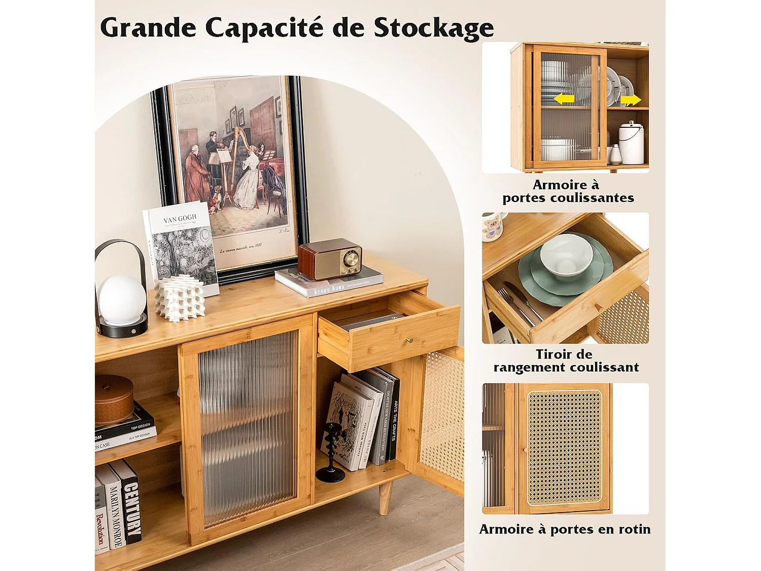 Buffet cuisine en bambou, portes coulissantes en verre trempé, placard à porte cannage