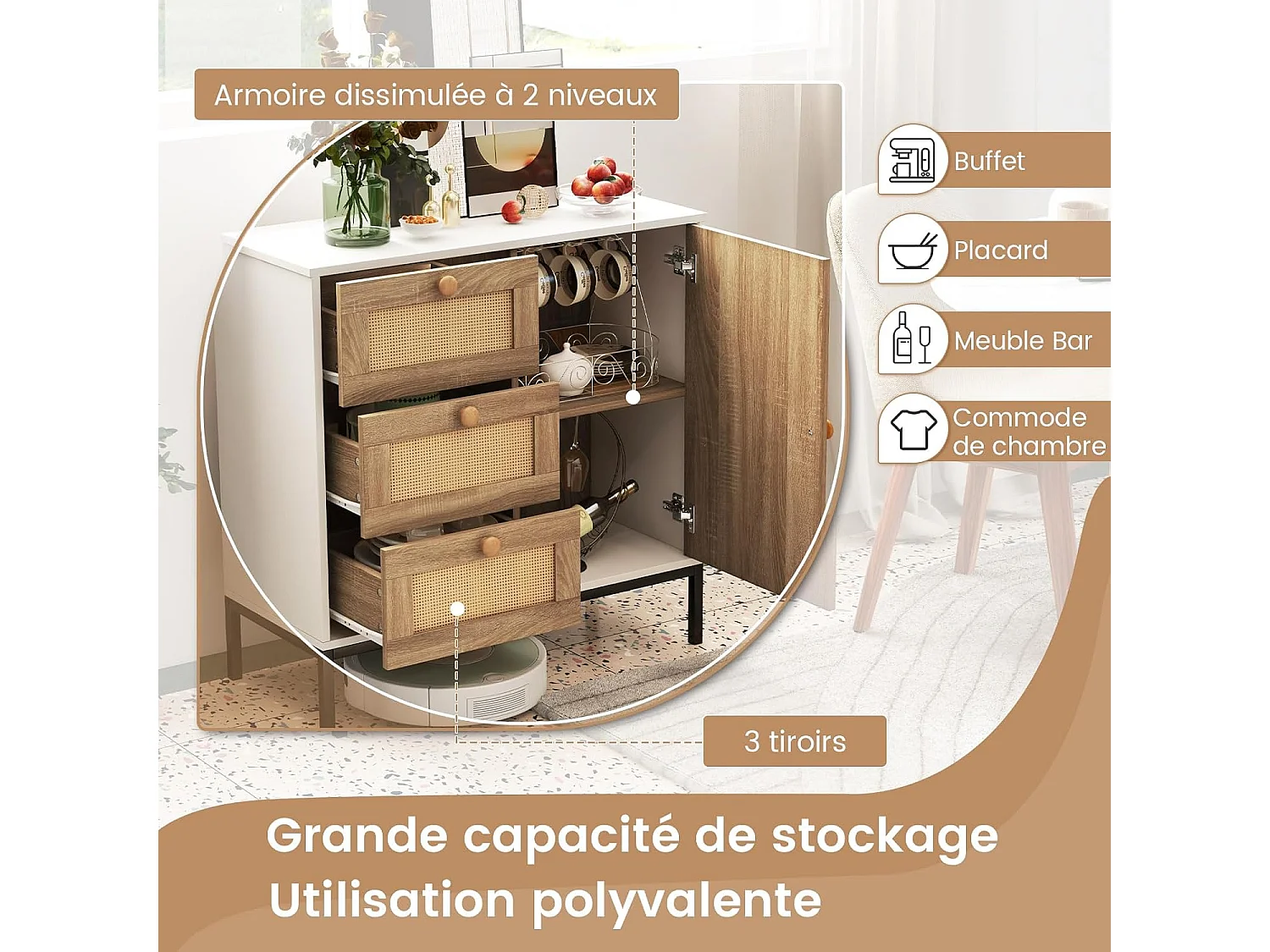 Buffet cuisine 3 tiroirs avec placard,étagère réglable, pied en métal, 80 x 35 x 80,5 cm