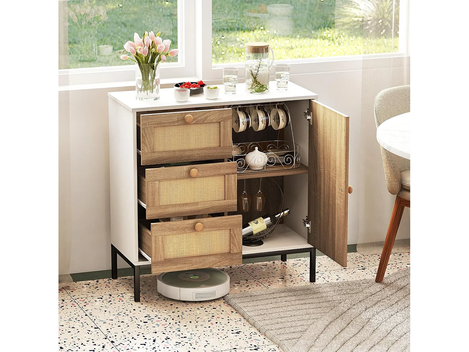 Buffet cuisine 3 tiroirs avec placard,étagère réglable, pied en métal, 80 x 35 x 80,5 cm