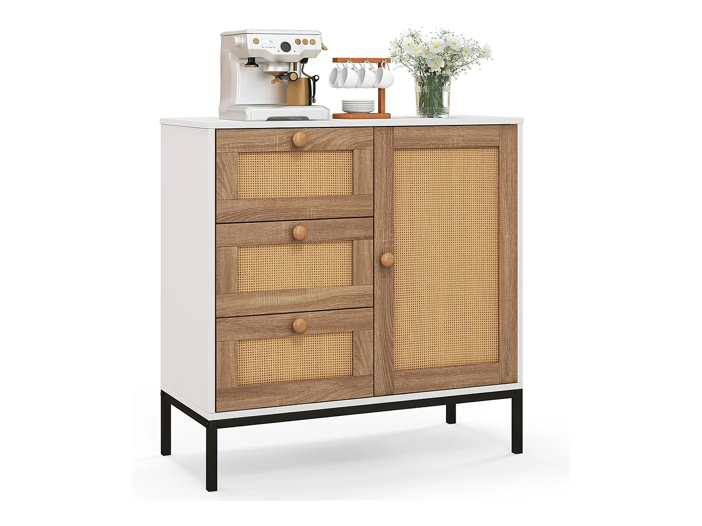 Buffet cuisine 3 tiroirs avec placard,étagère réglable, pied en métal, 80 x 35 x 80,5 cm